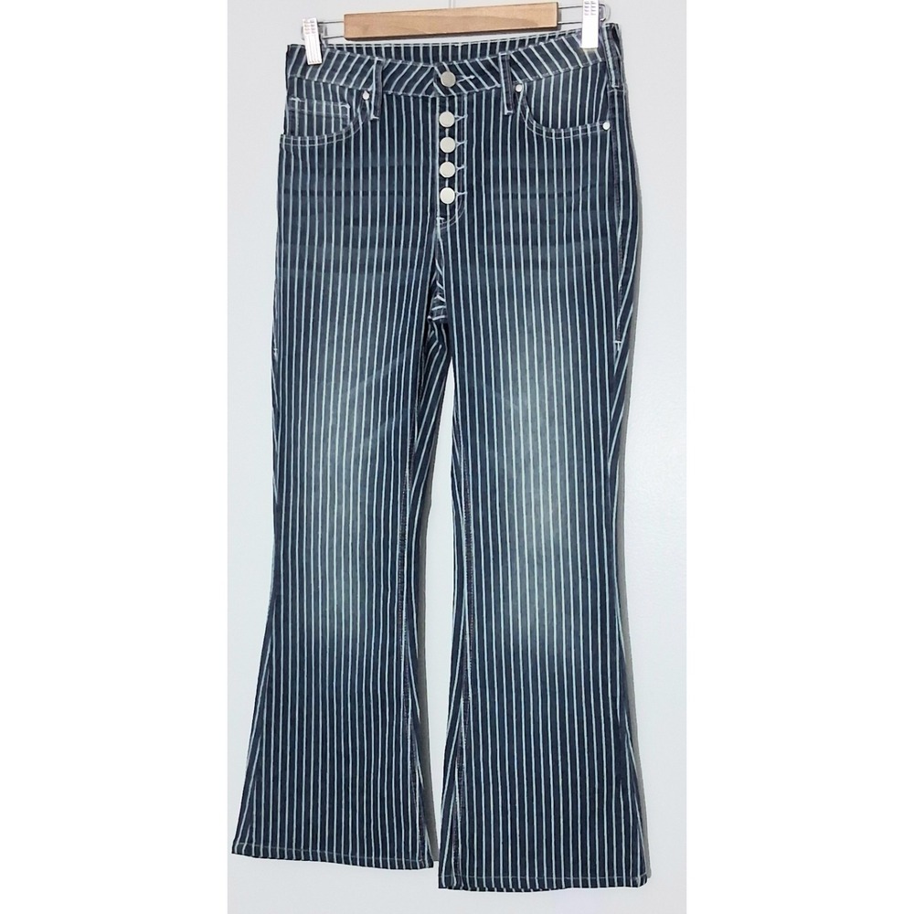Blue‎ Striped Pants Size Small Flared Bell Bottom Button Fly Hippie Boho Y2K